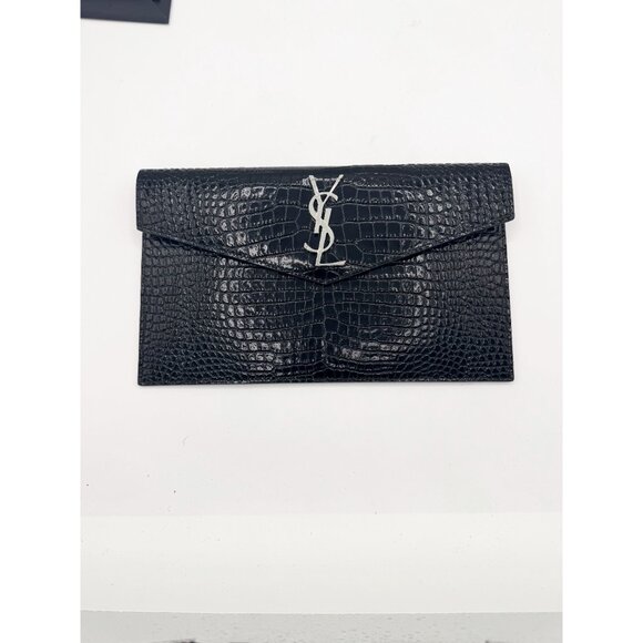 Saint Laurent YSL Black Uptown Pouch In Crocodile Embossed Shiny Leather - Picture 4 of 9